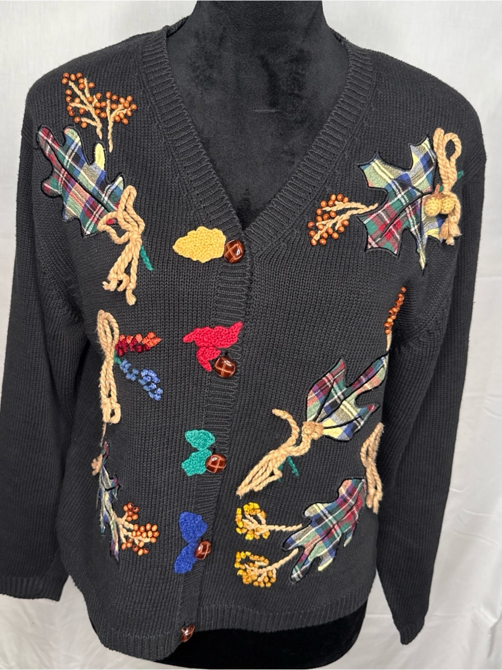 Susan Bristol Cardigan Women Medium Black Leaves Hand Embroidered Sweater